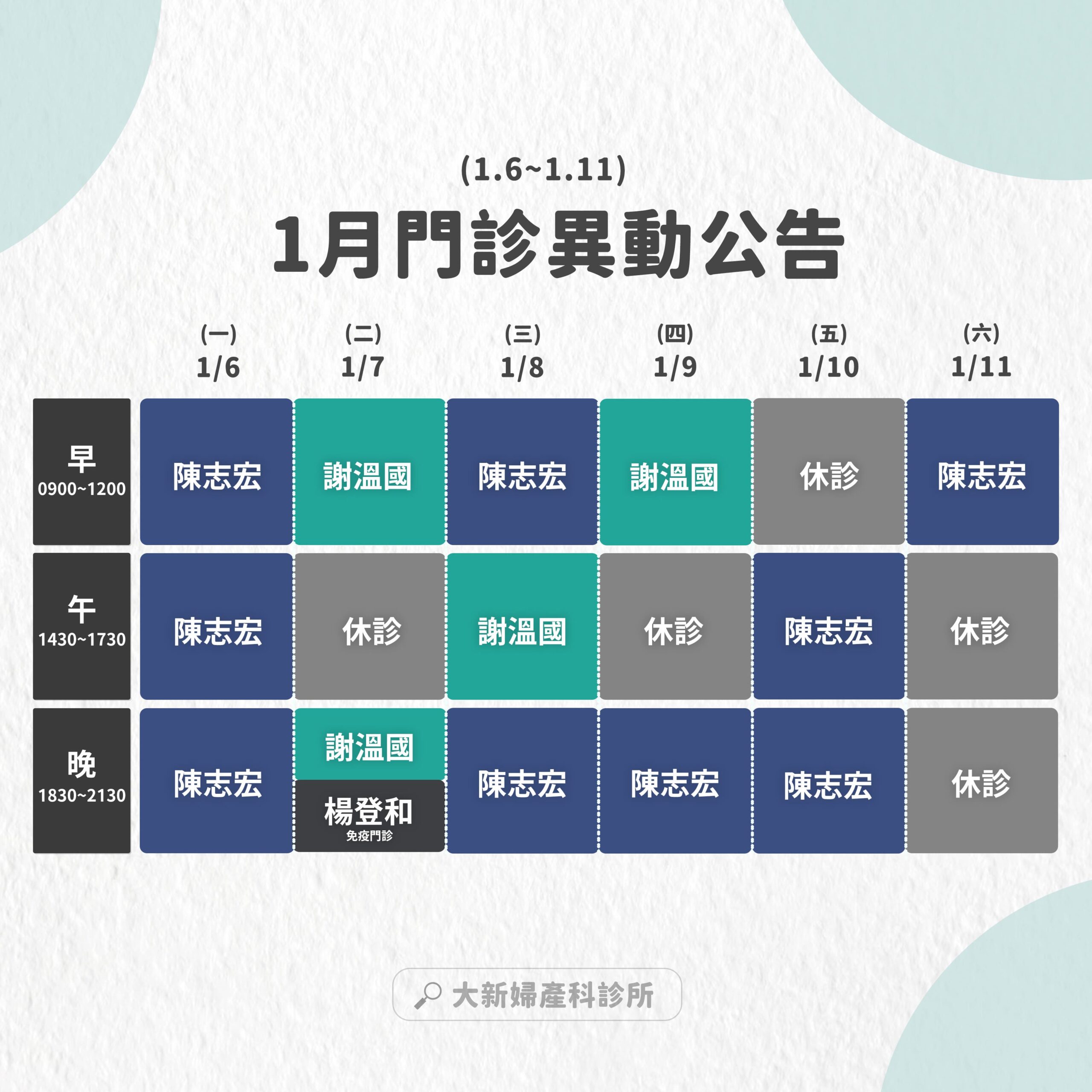 1/6~1/18 門診異動表