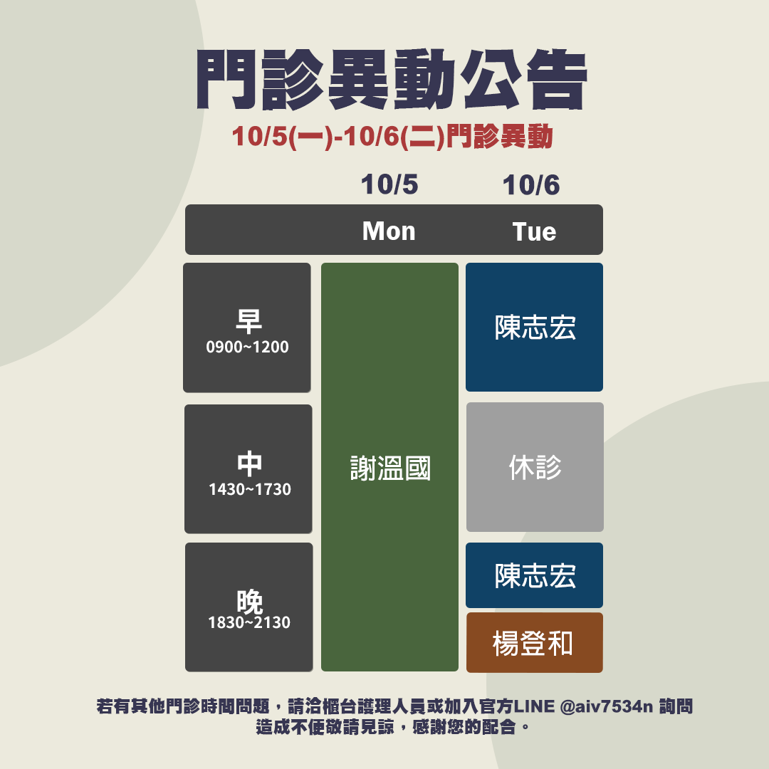 10/5(一)~10/6(二)門診異動